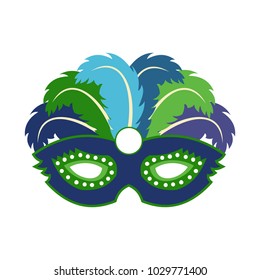 Happy Brazilian Carnival Day. blue carnival mask with colorful feathers on white background