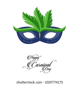 Happy Brazilian Carnival Day. Blue color carnival mask with green feathers on white background