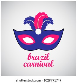 Happy Brazilian Carnival Day. Blue and Pink carnival mask with pink typography on grey background