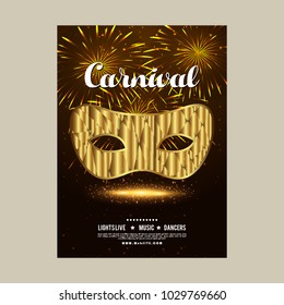 Happy Brazilian Carnival Day. brown and black carnival brochure with golden mask, white typography and sample text