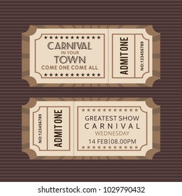 Happy Brazilian Carnival Day. Carnival circus ticket on brown background