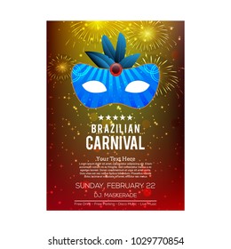 Happy Brazilian Carnival Day. colorful abstract carnival brochure with blue mask, fire crackers and white typogrpahy and sample text