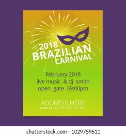 Happy Brazilian Carnival Day. green and yellow carnival brochure with purple mask, white typography and sample text