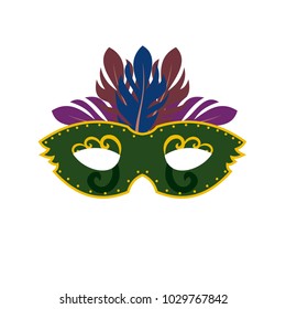 Happy Brazilian Carnival Day. Green carnival mask with colorful feathers on white background