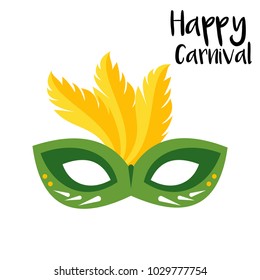 Happy Brazilian Carnival Day. Green carnival mask with yellow feathers and black typography on white background
