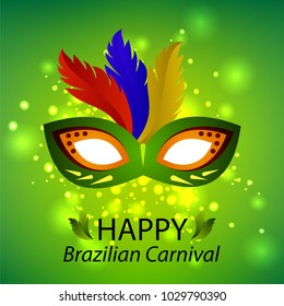 Happy Brazilian Carnival Day. Green carnival mask with yellow and red elements and colorful feathers on green shiny background