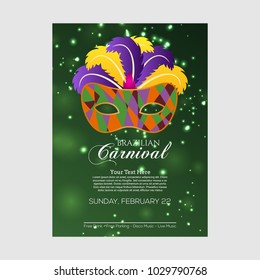 Happy Brazilian Carnival Day. Green color carnival brochure with colorful mask and feathers with white typography and sample text