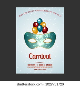 Happy Brazilian Carnival Day. light blue carnvial brochure with carnival mask, ballons, typography and sample text