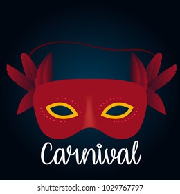 Happy Brazilian Carnival Day. Carnival mask in red color with white typography on blue background