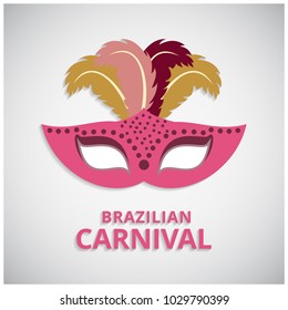 Happy Brazilian Carnival Day. PInk carnival mask and colorful feathers with pink typography on grey background