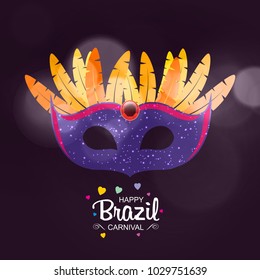 Happy Brazilian Carnival Day. purple carnival mask with golden feathers on purple background