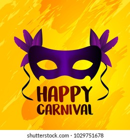 Happy Brazilian Carnival Day. purple carnival mask with red typography on abstract yellow background