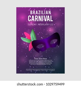 Happy Brazilian Carnival Day. purple carnival brochure with mask, white typography and sample text