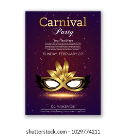 Happy Brazilian Carnival Day. purple carnival mask with black and golden mask and typography with white sample text