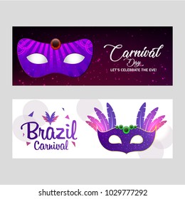 Happy Brazilian Carnival Day. Purple and White color banners with creative typographies and purple masks