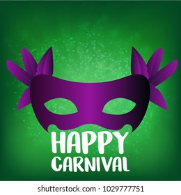 Happy Brazilian Carnival Day. Purple color carnival mask with purple feathers and white typography on green background