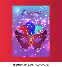 Happy Brazilian Carnival Day. Purple carnival mask with golden elements and colorful leaves on blue brochure shiny background