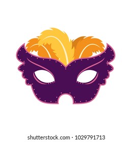 Happy Brazilian Carnival Day. Purple carnival mask with pink elements and yellow feathers on white background