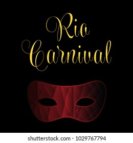 Happy Brazilian Carnival Day. Red color carnival mask and golden typography on black background
