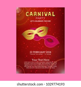 Happy Brazilian Carnival Day. Red carnival brochure with golden and pink mask and sample text