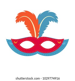 Happy Brazilian Carnival Day. Red and Blue color carnival mask with orange and blue feathes on white background
