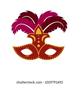 Happy Brazilian Carnival Day. Red Carnival mask with leaves on white background