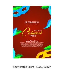 Happy Brazilian Carnival Day. Red Carnival brochure with masks, leaves, typography and sample text