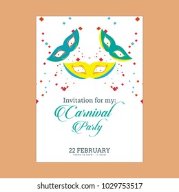 Happy Brazilian Carnival Day. white carnival brochure with masks, typography and sample text