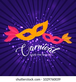 Happy Brazilian Carnival Day. yellow and pink carnival masks on purple background