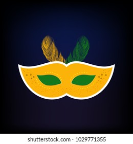 Happy Brazilian Carnival Day. Yellow carnival mask with white storke and yellow and green feathers on blue background