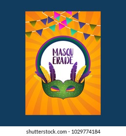 Happy Brazilian Carnival Day. Yellow carnival brochure with green mask, typography and flags