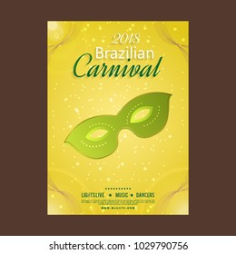 Happy Brazilian Carnival Day. Yellow carnival brochure with green mask, typography and sample text