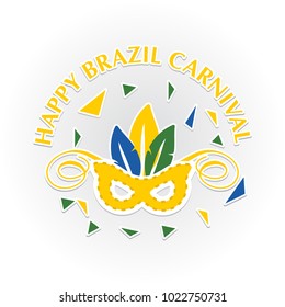 happy brazilian carnival festival. carnival mask in yellow color and white stroke with colorful leaves on grey background
