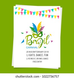 happy brazilian carnival festival. carnival white brochure having typographies and sample text on green background