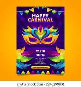 Happy Brazilian carnival flyer Design with colorful carnival mask and decorative elements