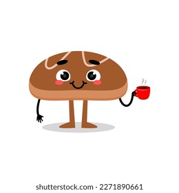happy bread cute mascot character holding a hot cup.