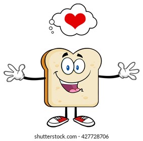 Happy Bread Slice Cartoon Character With Open Arms And A Heart. Vector Illustration Isolated On White Background