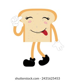 Happy Bread Slice Cartoon Mascot Character, Funny Sandwich Cartoon Vintage Bread Character Retro Style Bread Logo Vector Illustration 60s 70s Bread Retro Style