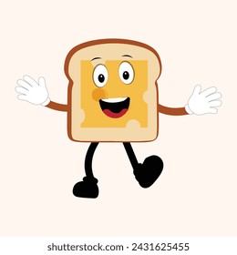 Happy Bread Slice Cartoon Mascot Character, Funny Sandwich Cartoon Vintage Bread Character Retro Style Bread Logo Vector Illustration 60s 70s Bread Retro Style