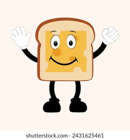 Happy Bread Slice Cartoon Mascot Character, Funny Sandwich Cartoon Vintage Bread Character Retro Style Bread Logo Vector Illustration 60s 70s Bread Retro Style