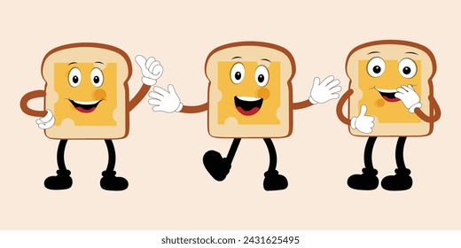 Happy Bread Slice Cartoon Mascot Character, Funny Sandwich Cartoon Vintage Bread Character Retro Style Bread Logo Vector Illustration 60s 70s Bread Retro Style
