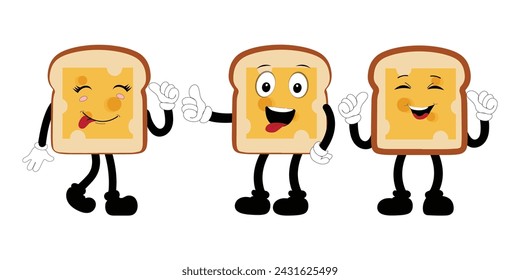 Happy Bread Slice Cartoon Mascot Character, Funny Sandwich Cartoon Vintage Bread Character Retro Style Bread Logo Vector Illustration 60s 70s Bread Retro Style