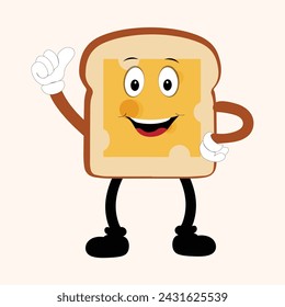 Happy Bread Slice Cartoon Mascot Character, Funny Sandwich Cartoon Vintage Bread Character Retro Style Bread Logo Vector Illustration 60s 70s Bread Retro Style