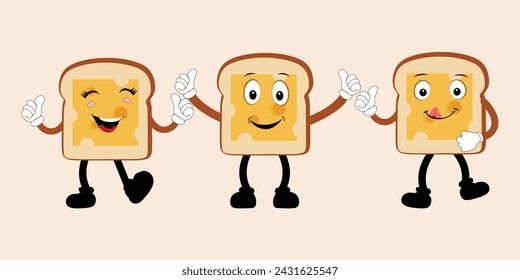Happy Bread Slice Cartoon Mascot Character, Funny Sandwich Cartoon Vintage Bread Character Retro Style Bread Logo Vector Illustration 60s 70s Bread Retro Style