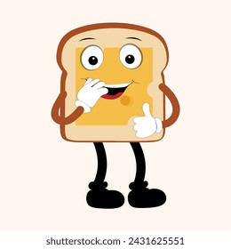 Happy Bread Slice Cartoon Mascot Character, Funny Sandwich Cartoon Vintage Bread Character Retro Style Bread Logo Vector Illustration 60s 70s Bread Retro Style