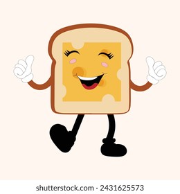 Happy Bread Slice Cartoon Mascot Character, Funny Sandwich Cartoon Vintage Bread Character Retro Style Bread Logo Vector Illustration 60s 70s Bread Retro Style