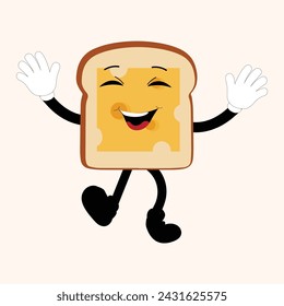 Happy Bread Slice Cartoon Mascot Character, Funny Sandwich Cartoon Vintage Bread Character Retro Style Bread Logo Vector Illustration 60s 70s Bread Retro Style
