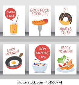 happy breakfast background. use for poster and greeting card. there are vegetable salad, egg, orange juice, chocolate donut, hotdog, Cereal. layout template in A4 size. vector illustration