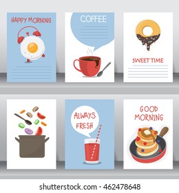 happy breakfast background. use for poster and greeting card. there are vegetable salad, egg, orange juice, chocolate donut, hotdog, Cereal. layout template in A4 size. vector illustration