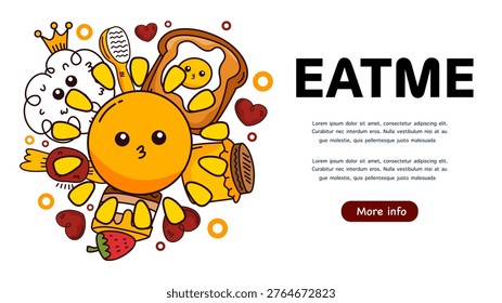 happy breakfast theme with cute food characters and hearts on white background